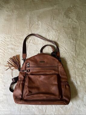 Brown Leather Backpack Handbag with Tassel Accent